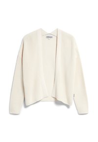 Crème open voorkaardigan gemaakt van textuur gebreide stof; heeft lange mouwen en een relaxte snit. Geen sluitingen of versieringen.