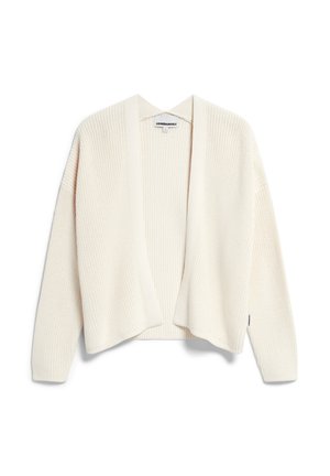 Cárdigan abierto en crema fabricado en punto texturizado; presenta mangas largas y una silueta relajada. Sin cierres ni adornos.