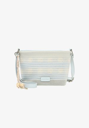 Kleine lichtblauwe schoudertas met geperforeerde structuur, verstelbare band en decoratief beige koord met houten kralen aan de zijkant.