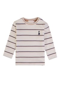 Camicia a maniche lunghe color crema con righe orizzontali blu navy e bordeaux. Presenta un piccolo logo di una giraffa blu navy sul petto e chiusure a scatto sulle spalle.