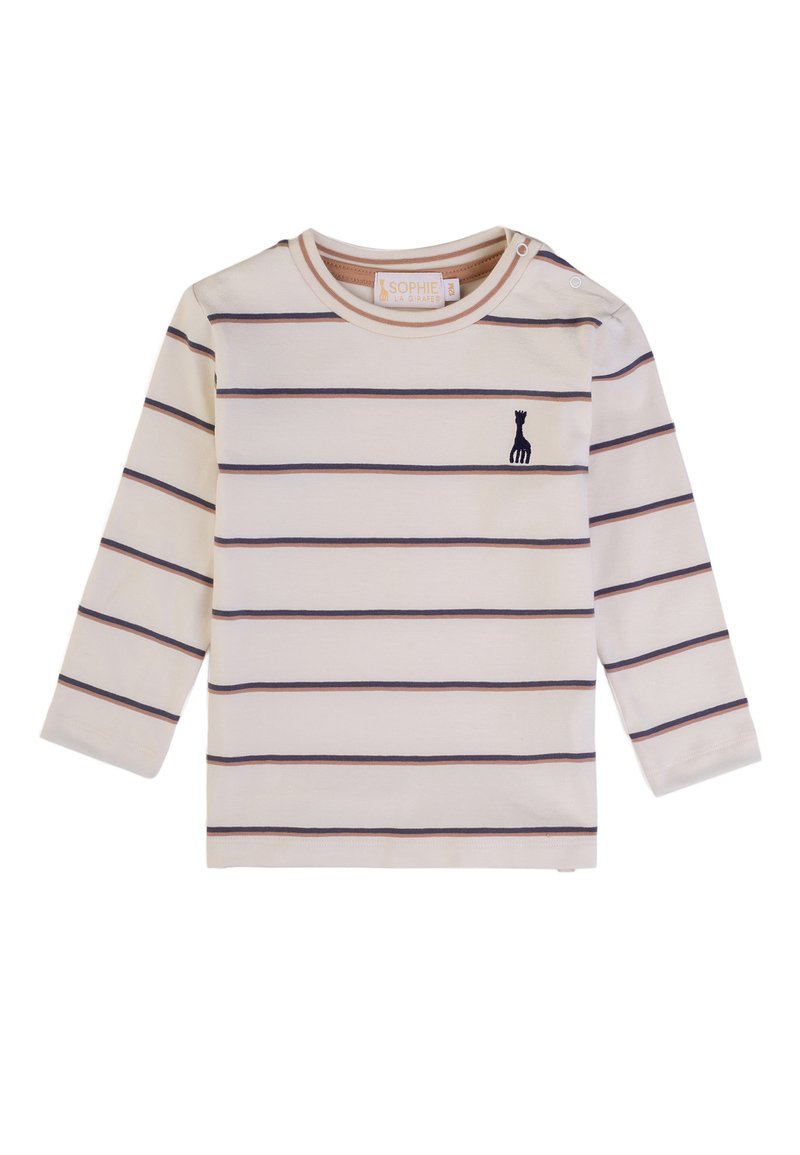 Camicia a maniche lunghe color crema con righe orizzontali blu navy e bordeaux. Presenta un piccolo logo di una giraffa blu navy sul petto e chiusure a scatto sulle spalle.