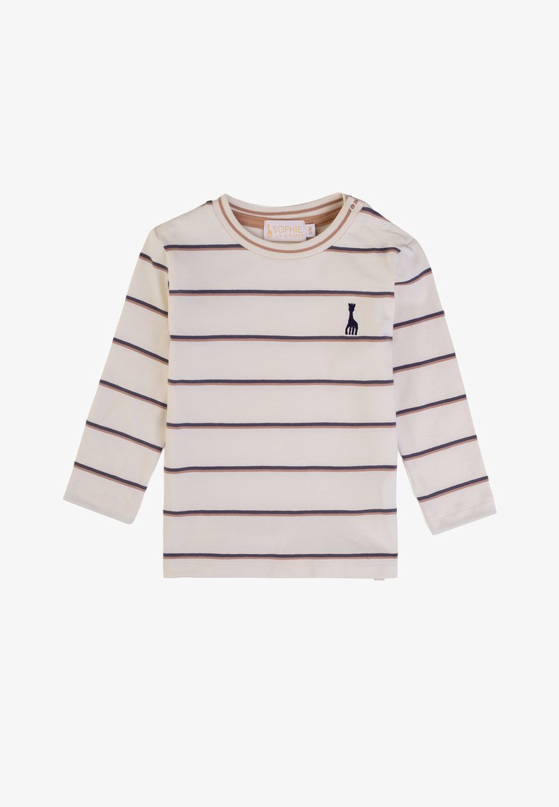 Camicia a maniche lunghe color crema con righe orizzontali blu navy e bordeaux. Presenta un piccolo logo di una giraffa blu navy sul petto e chiusure a scatto sulle spalle.