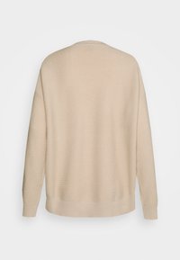 Beiger Pullover, gestrickte Textur, weite Silhouette, gerippter Saum und Bündchen, Rundhalsdesign, Rückansicht, samtige Stoffoptik.
