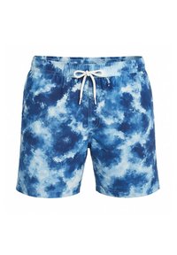 Blauwe tie-dye zwembroek met een elastische tailleband, witte trekkoord en een zachte textuur, met wolkachtige patronen in verschillende tinten blauw.