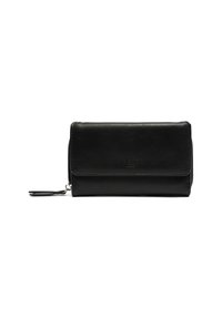 Black leather wallet with zipper closure and flap. Features smooth texture, a logo embossed on the front, and a detachable strap.