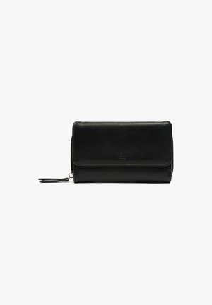 Cartera de cuero negro con cierre de cremallera y solapa. Presenta una textura suave, un logotipo grabado en la parte delantera y una correa desmontable.