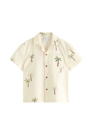Kurzärmeliges, cremefarbenes Hemd mit Knöpfen, grünen und braunen Palmenmotiven und einer Brusttasche.
