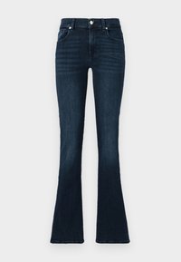 Mørkeblåe vide jeans laget av denim, med et klassisk fem-lommers design, metallknapp-lukking og lett slitasje ved hoftene.