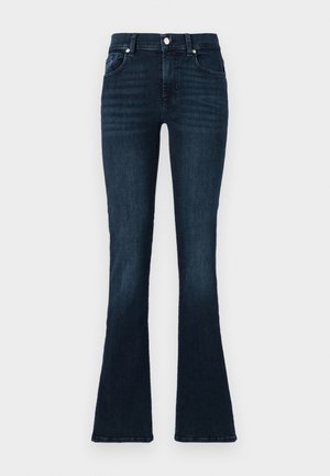 Donkerblauwe flared jeans van denim, met een klassiek vijf-pocket ontwerp, metalen knoopsluiting en een lichte slijtage bij de heupen.