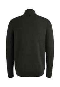 Pull en maille noire à manches longues et col montant, vu de dos, présentant un motif texturé avec poignets et ourlet côtelés.