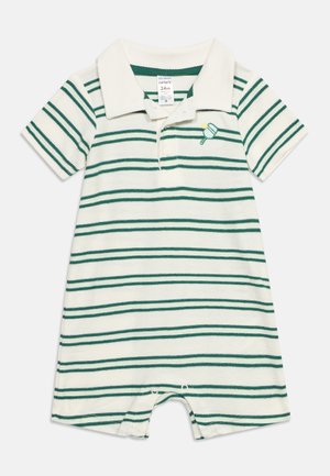 White short-sleeve baby romper with green horizontal stripes, collar, front buttons, snap closures at legs, and a small green and yellow hammer patch.