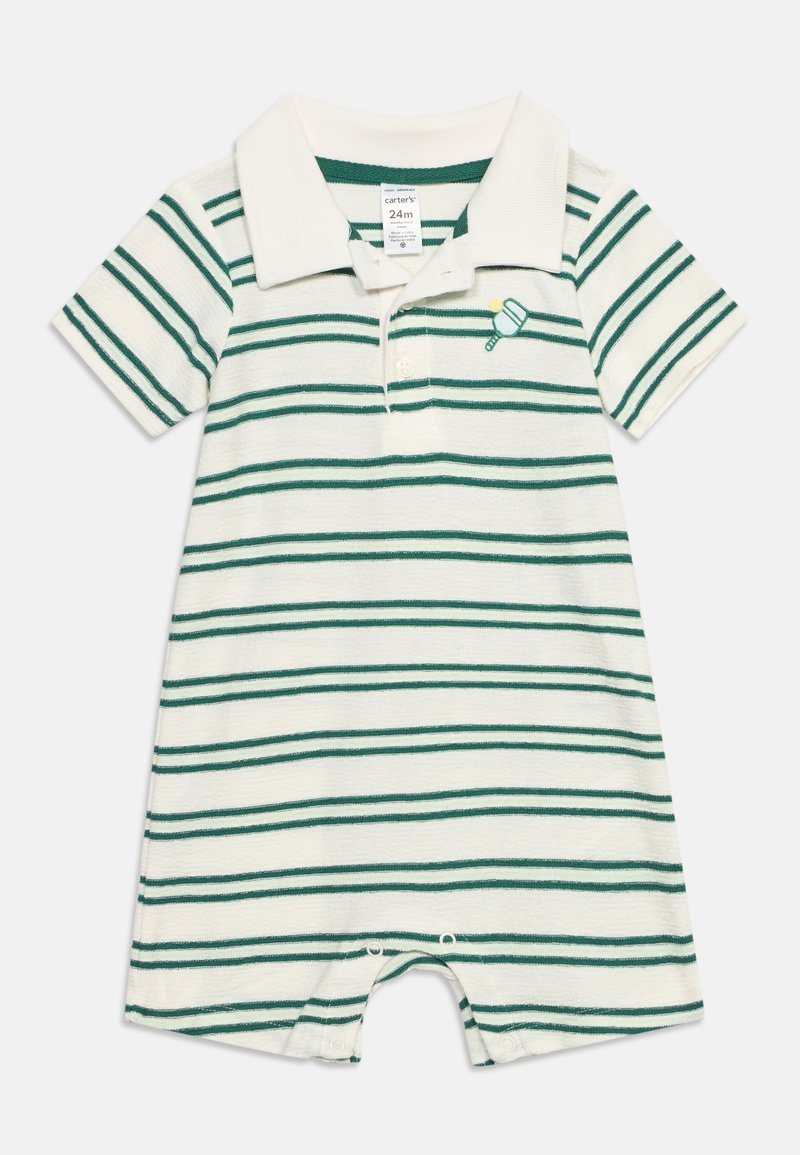 Barboteuse blanche à manches courtes pour bébé avec des rayures horizontales vertes, un col, des boutons sur le devant, des fermetures à pression aux jambes, et un petit patch en forme de marteau vert et jaune.