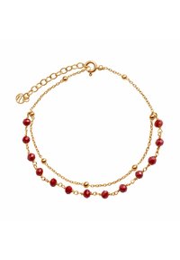 Bransoletka złota z czerwonymi fasetowanymi koralikami i okrągłymi złotymi akcentami, z regulowanym zapięciem i przedłużeniem do dostosowania rozmiaru.