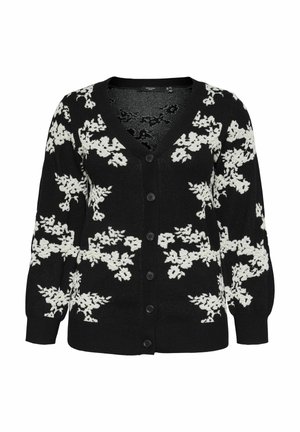 Black cardigan with white floral pattern, v-neck, front buttons, and long sleeves with ribbed cuffs. Soft texture and relaxed fit.