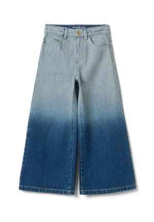 Jeans in denim a gamba larga con sfumatura graduata dal blu chiaro alla vita al blu scuro all'orlo, con tasche frontali e passanti per cintura.