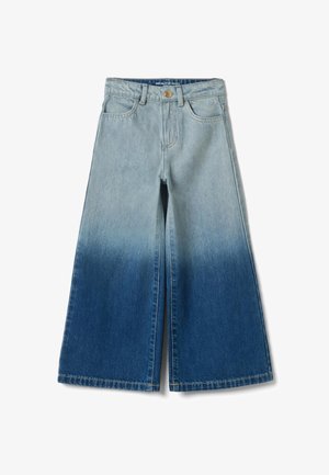 Vaqueros de pierna ancha con un degradado que va de azul claro en la cintura a azul oscuro en el dobladillo, con bolsillos delanteros y trabillas para cinturón.