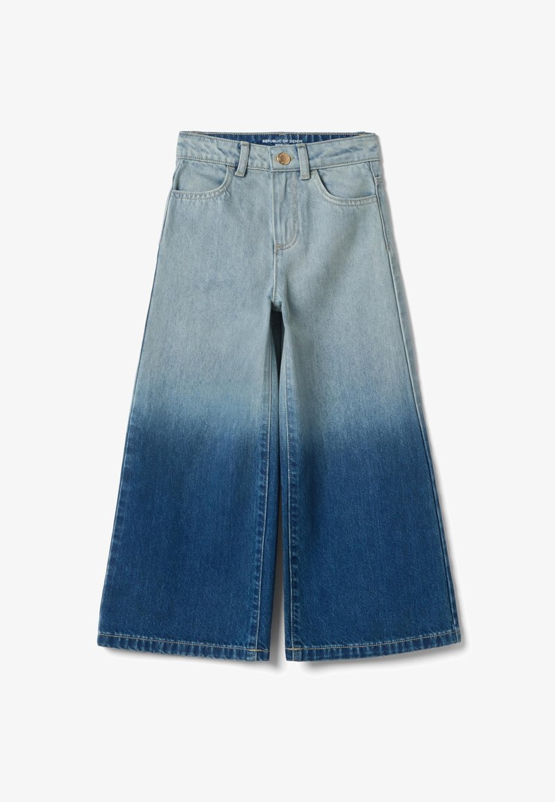 Jeans mit weitem Bein, aus Denim, mit einem Farbverlauf von Hellblau an der Taille zu Dunkelblau am Saum, mit Vorderentaschen und Gürtelschlaufen.