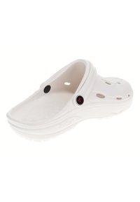 White plastic clog with a closed back, circular ventilation holes, and two black circular accents on the side. Smooth texture and contoured design.