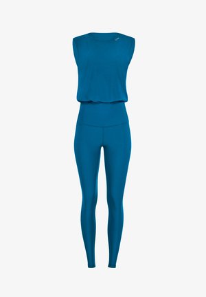 Tyrkysový sportovní set obsahující bezrukávový top a legíny s vysokým pasem. Tkanina má hladkou texturu a pružný střih.