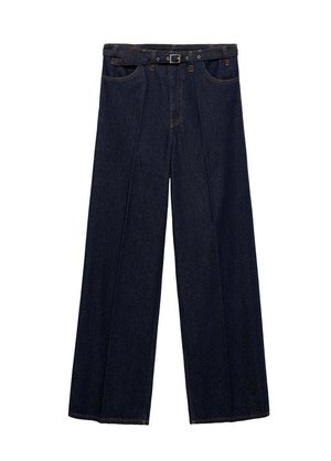 Dunkelblaue weit geschnittene Jeans mit hoher Taille, Gürtelschlaufen und vorderen Falten. Hergestellt aus Denim mit glatter Oberfläche und minimalen Nähdetails.