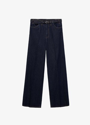 Dark blue wide-leg jeans with a high waist, belt loops, and front pleats. Made from denim with a smooth texture and minimal stitching details.