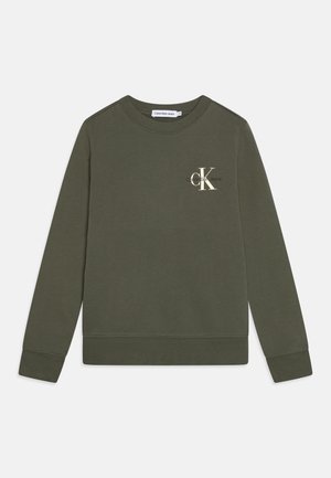 Mørkegrøn langærmet crewneck-sweatshirt med ribstrikkede manchetter og kant, med en lille hvid Calvin Klein Jeans-logo på venstre bryst.