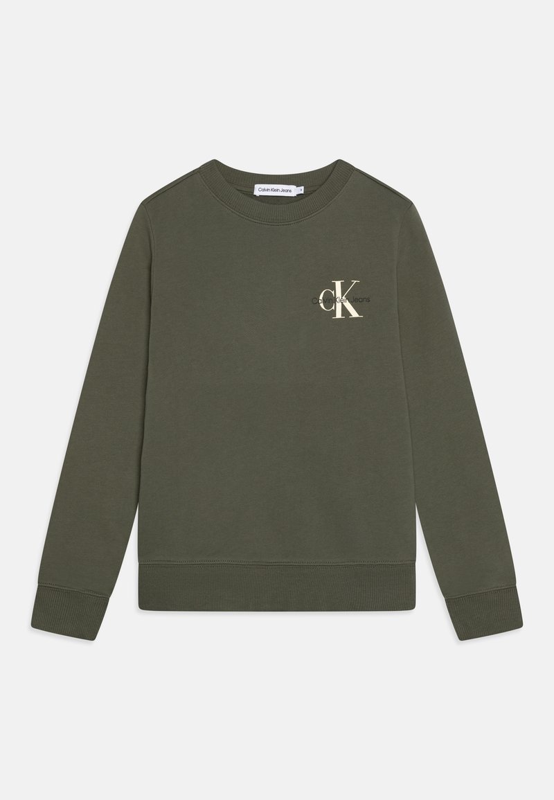 Sweat-shirt à manches longues vert foncé avec encolure ronde, poignets et ourlet côtelés, avec un petit logo blanc Calvin Klein Jeans sur la poitrine gauche.