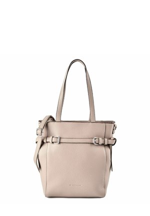 Beige Ledertasche mit zwei langen Griffen, verstellbaren seitlichen Schnallenriemen und strukturierter Oberfläche.