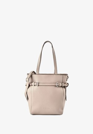 Beige Ledertasche mit zwei langen Griffen, verstellbaren seitlichen Schnallenriemen und strukturierter Oberfläche.