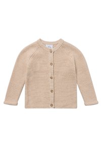 Beige gestrickte Strickjacke mit langen Ärmeln, rundem Ausschnitt und Holzknöpfen auf der Vorderseite. Verfügt über ein strukturiertes Stichmuster.