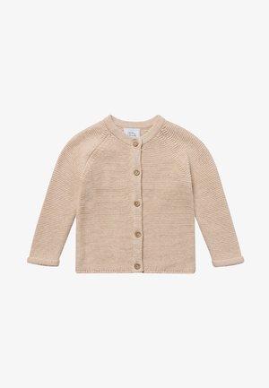 Beige gebreide cardigan met lange mouwen, ronde hals en houten knopen aan de voorkant. Heeft een textuurstikpatroon.