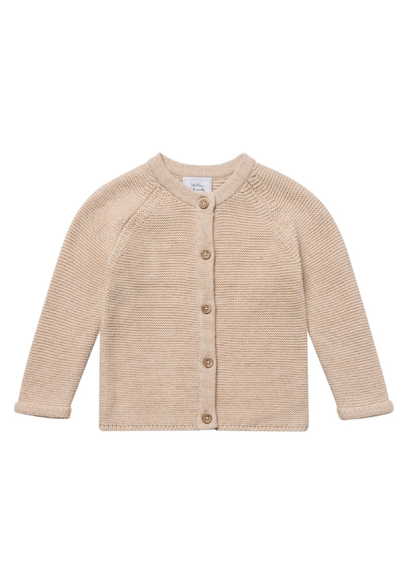 Beige gestrickte Strickjacke mit langen Ärmeln, rundem Ausschnitt und Holzknöpfen auf der Vorderseite. Verfügt über ein strukturiertes Stichmuster.