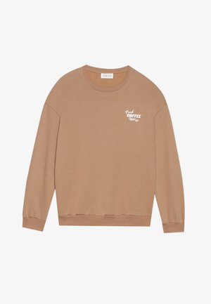 Bruine katoenen sweatshirt met lange mouwen, ronde hals en 'Fresh Coffee' in het wit gedrukt op de borst. Voorzien van geribbelde boorden en onderkant.