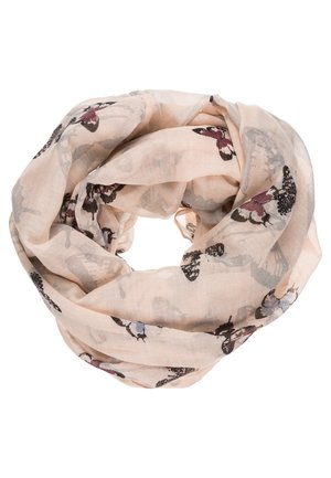 Light pink circular scarf with black, purple, and gray butterfly patterns on sheer fabric, loosely arranged in a loop.