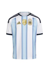 Nogometni dres Argentine sa svijetloplavim i bijelim okomitim prugama, zlatnom značkom FIFA Svjetskih prvaka 2022. i grbom AFA s tri zvjezdice.