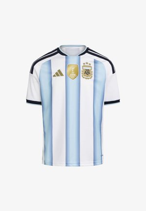 Argentina football jersey with light blue and white vertical stripes, FIFA World Champions 2022 gold badge, and AFA crest with three stars.