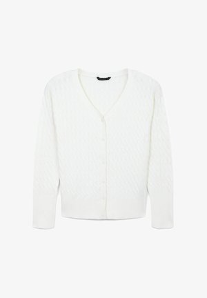 Cardigan bianco lavorato a maglia con scollo a V, chiusura con bottoni e motivo a rombi testurizzato. Presenta maniche lunghe e orlo a coste.