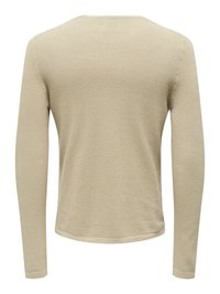 Beige long-sleeve knitted sweater with textured pattern, displayed flat from the back with no visible fasteners or embellishments.