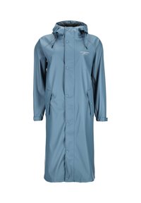 Long blue waterproof raincoat with hood, front snap buttons, adjustable cuffs, and two flap pockets, designed for full body coverage.