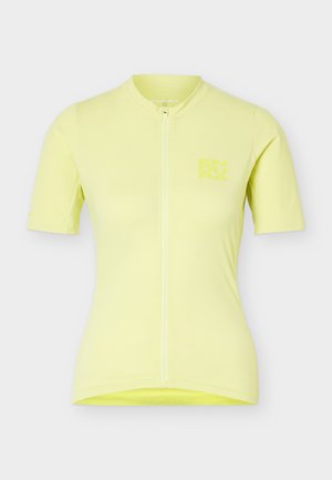 Dames fietstrui met korte mouwen in lichtgeel, met rits aan de voorkant en subtiel merklogo op de linkerborst.