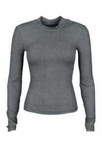 Top grigio a maniche lunghe con coste, dalla forma aderente e colletto alto, con una texture liscia e una leggera elasticità.
