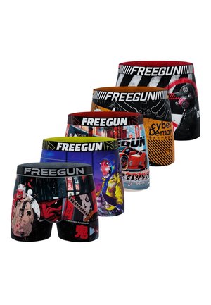 Cinq paires de boxers Freegun colorés avec des motifs urbains, cyberpunk et inspirés de l'anime, disposés en ligne diagonale descendante.