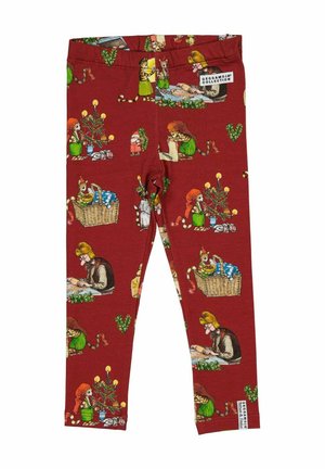Röda leggings med lekfulla illustrationer av människor och djur, med olika julinspirerade inslag och ett mjukt, stretchigt material.