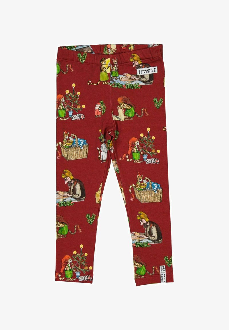 Røde leggings med finurlige illustrationer af mennesker og dyr, med forskellige ferietema-elementer og et blødt, strækbart materiale.