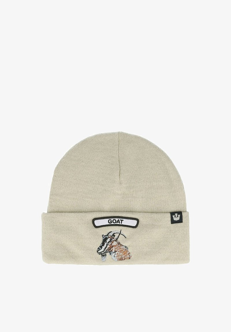 Knit beanie in light beige with a rolled cuff, featuring an embroidered goat illustration and a label reading "GOAT." Soft texture.