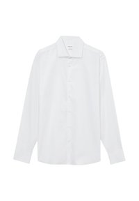 Camicia bianca a maniche lunghe con colletto, dotata di chiusura a bottoni e texture liscia. Realizzata in tessuto morbido. Nessun motivo o dettaglio visibile.
