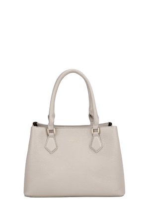 Graue Lederhandtasche mit strukturiertem Design, zwei oberen Griffen und goldfarbigen Hardware-Akzenten. Verfügt über eine strukturierte Oberfläche und Logo-Details.