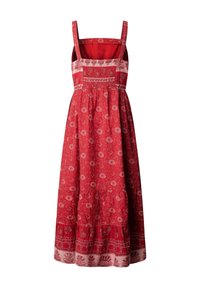 Rode mouwloze maxi-jurk met bloemige en geometrische patronen, vierkante halslijn en geplooide taille.