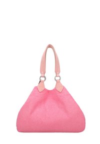 Roze pluizige stoffen handtas met lichtroze leren banden en zilveren hardware. De tas heeft een brede, afgeronde vorm en een gestructureerd oppervlak.