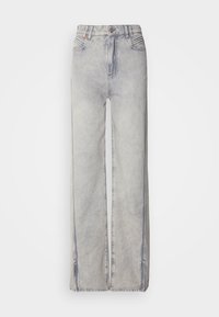 Lys blå vide jeans laget av denim med en falmet vask, med glidelås, fem lommer og kontrastsøm.